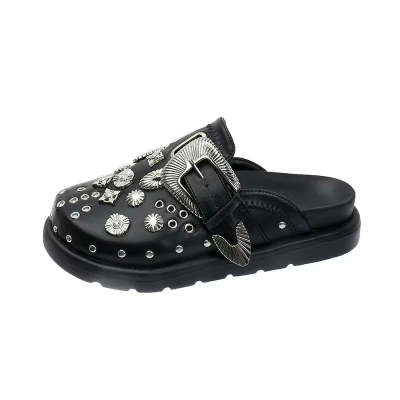Fashion 2024 New Summer Women Slippers Platform Rivets Punk Rock Leather Mules Creative Metal Fittings Casual Party Shoes Female Outdoor