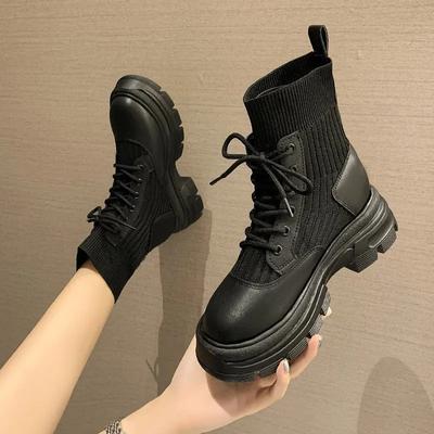 Women Boots Flying Weaving 2024 Autumn Winter New Round Toe High Heel Comfort Short Boots Flat Heel Lace-up Fashion Ankle Boots