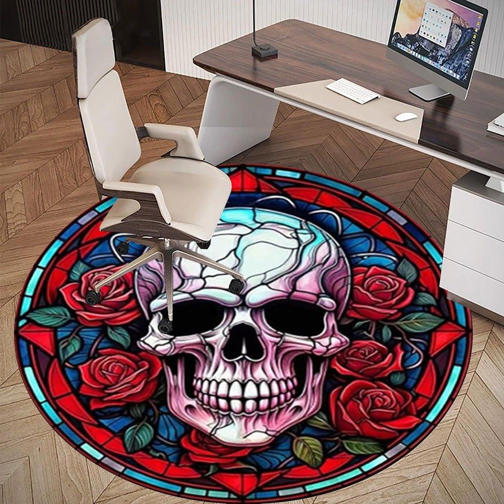 Stained Glass Skull with Roses Wall Art DecorRound Non-Slip Chair Mat Chair Carpet for Office Rugs for Office Decor Gift For Valentine's Day Mother's