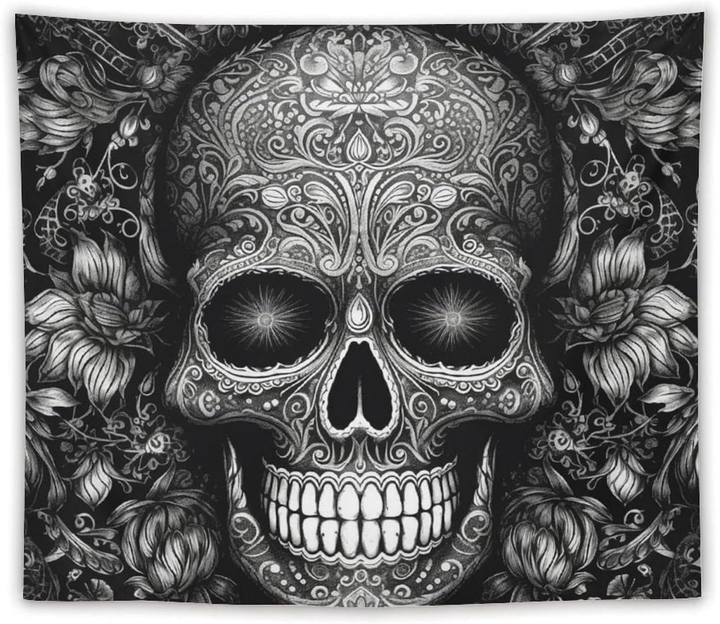 Wandbehang Schwarz-Weiß Totenkopfmuster Wandteppich für Schlafzimmer 50"x60" Vintage Wandteppiche Veranda Hängender Hintergrund Wandposter