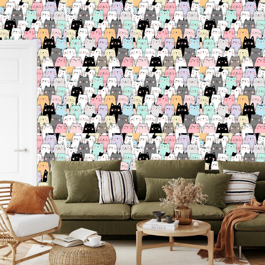 Cats Wallpaper Light Gray, White and Gray for Living Room and Bedroom 50x1000