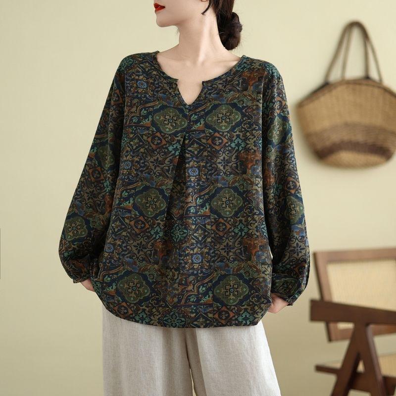 

Retro Floral Print Cotton Linen Long Sleeve Loose Maternity Shirt Women s Plus Size Casual Fashion V-Neck Soft Satin Material XXXL зелений