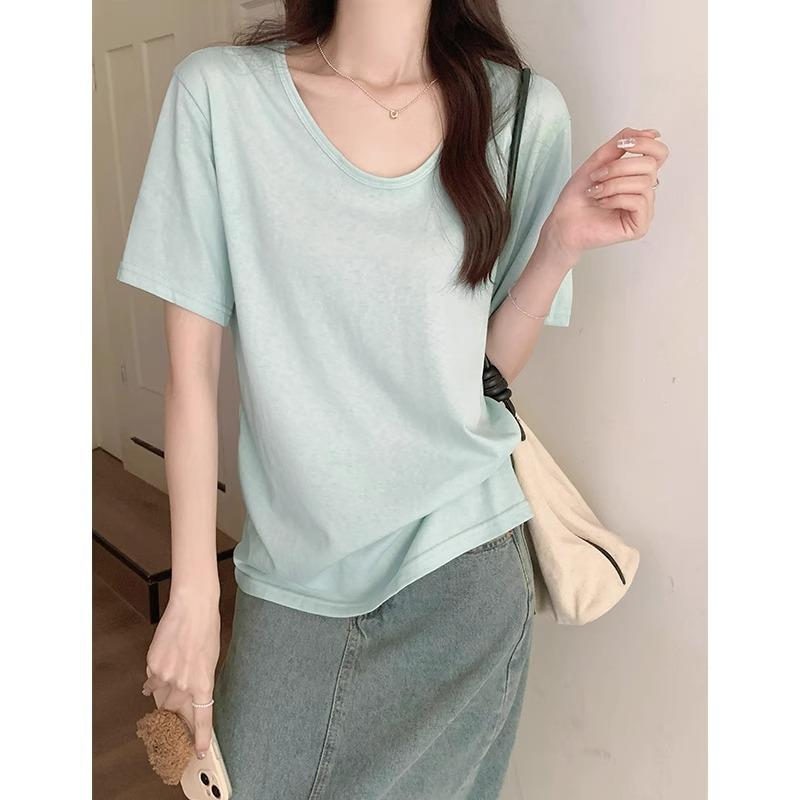 Summer Mint Short-sleeved T-shirt for Women's New Women's Solid Color Pullover Loose Basic Versatile U-neck Front Shoulder Top