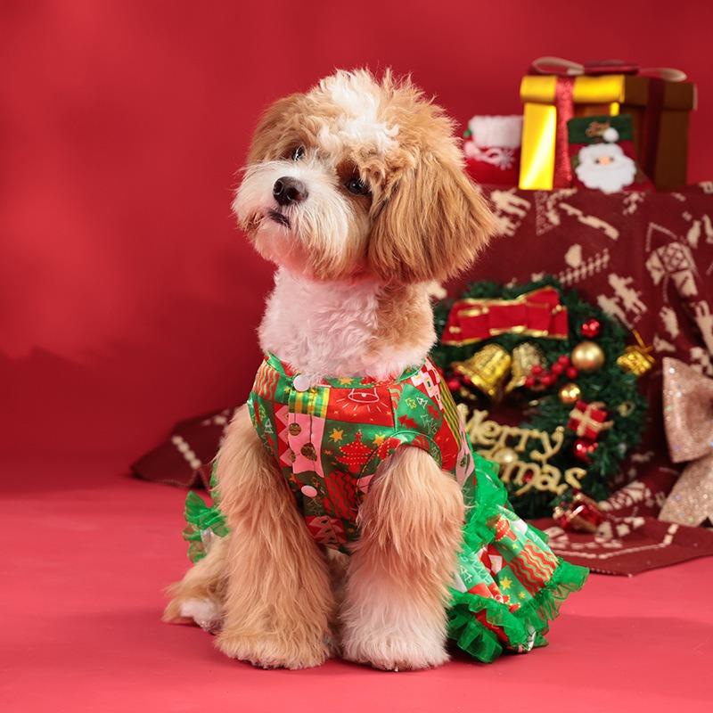 Christmas Dog Princess Dress Christmas Tree Print Mesh Skirt Pet Clothing Dog New Year Atmosphere Clothing Pet Supplies