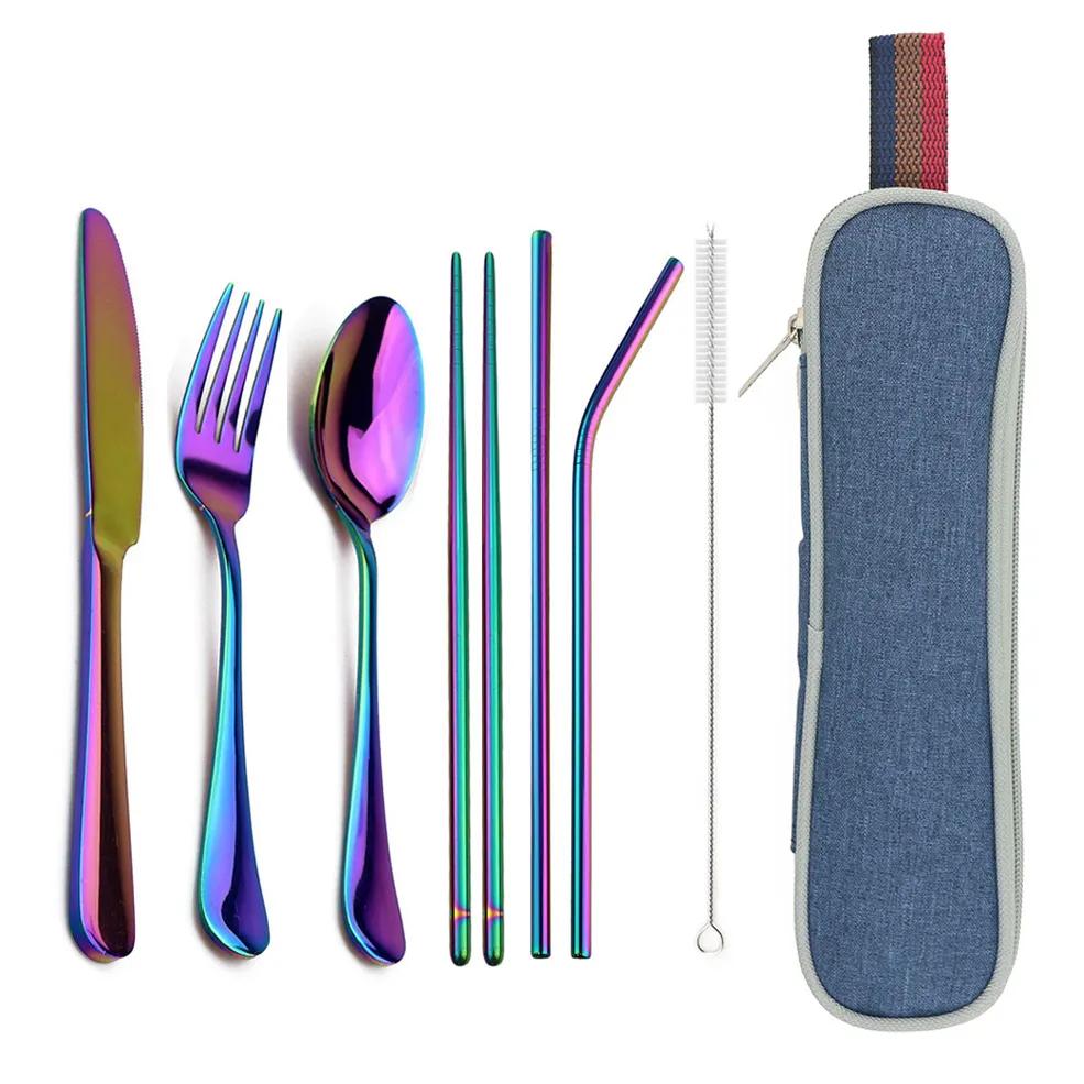 

Travel Hiking Dinnerware Set with Reusable Metal Straw Cutlery Stainless Steel Spoon Fork Chopsticks Silverware Portable Pouch