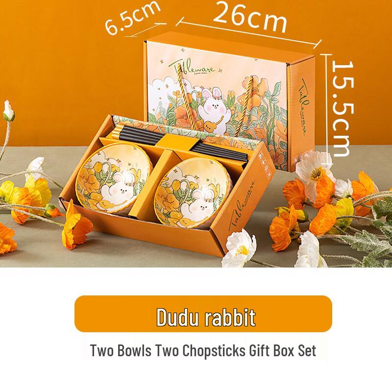 Japanese Style Underglaze Ceramic Rabbit Bowl and Chopsticks Gift Set 2 Bowls 2 Chopsticks