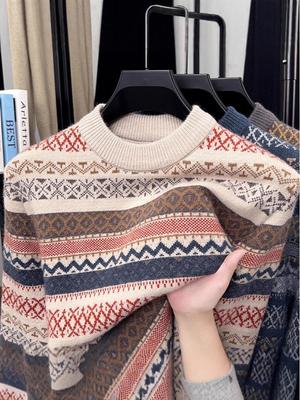 Men's Retro Jacquard Knit Christmas Sweater - Thick, Warm, Round Neck Pullover for Autumn & Winter