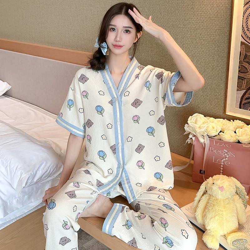 Summer short-sleeved bubble cotton yarn pleated pajamas female Internet celebrities popular trousers loungewear set