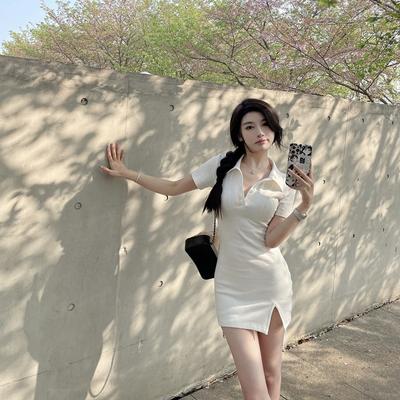Polo Collar Dress Women's Summer New Sexy Slit Hip Skirt Slim Waist Short Skirt Gentle Skirt
