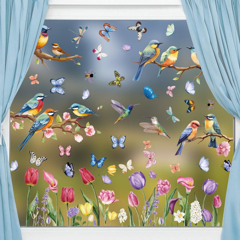 76 Pcs Window Cling Sticker Watercolor Tulip Flowers Butterfly Floral Patterns Window
