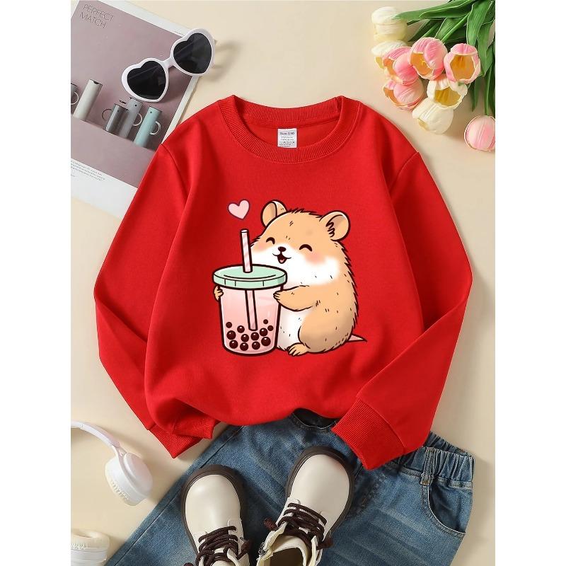 European sizes Kids' Crewneck Sweatshirt - Cute Hamster with Bubble Tea , Sportswear And Casual Wear, Soft And Comfortable, Children's Clothing