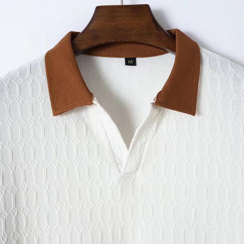 Sommar Slim Fit Pikétröja Herr Våffeljacquard Färgmatchande Krage Herr Kortärmad