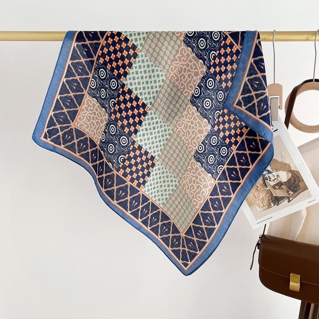 Vintage Geometric Herringbone Silk Cotton Small Square Scarf Women's Autumn Fashion Decoration Suit Scarf Headband Bag Silk Scarf