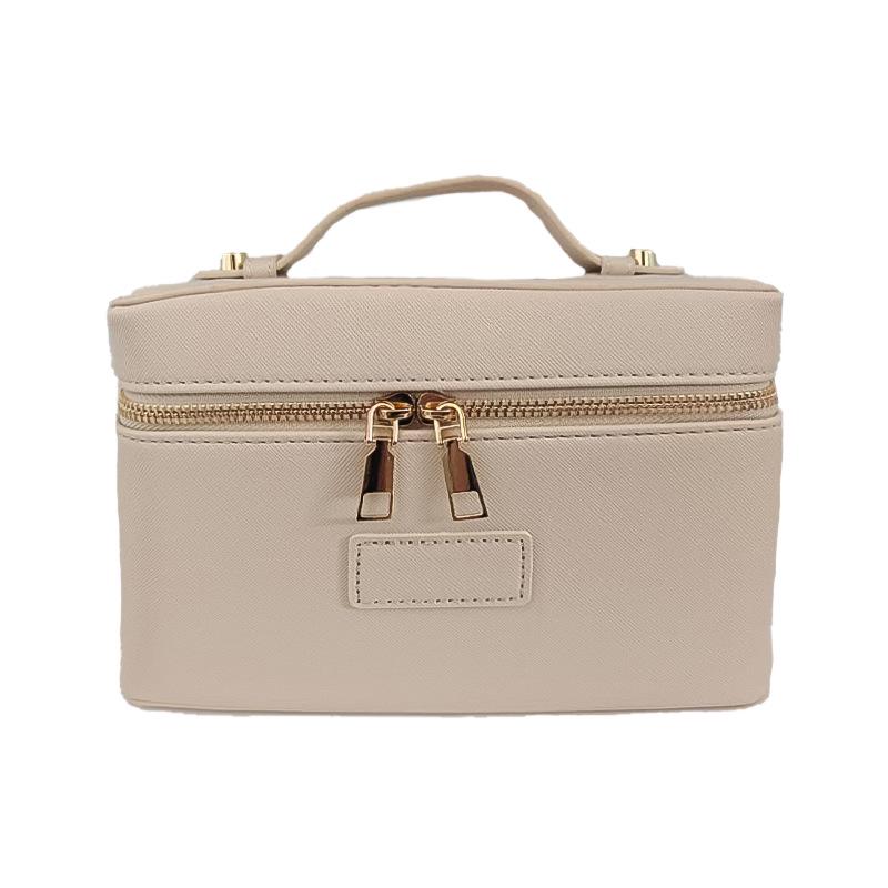 Tragbare Kosmetiktasche aus Cross-Grain-Leder mit goldener Hardware - Reise-Organizer für Make-up und Hautpflege