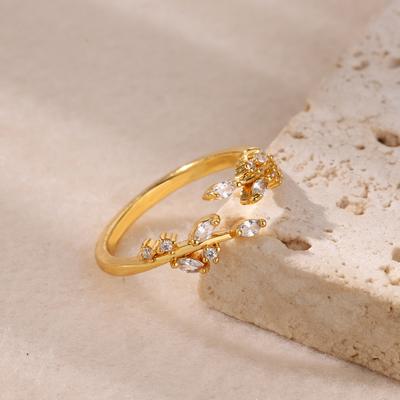 Zarter Weißer Zirkon Blatt Edelstahlring Goldfarbe Offene Ringe für Damen Party Hochzeit Zirkon Alltags-Accessoires Geschenke