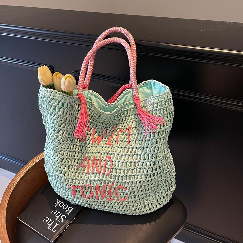 

Вязаная соломенная сумка большой вместимости женская весенне-летняя новая повседневная на плечо сумка-тоут пляжная сумка для отдыха на море синий