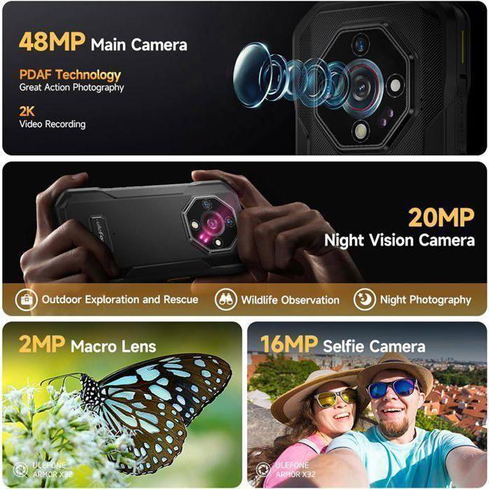 Ulefone Armor X32 Smartphone Robuste 48MP+20MP Vision Nocturne 12Go+128Go/2To Téléphone Incassable Android 14 5.65'' NFC, Orange