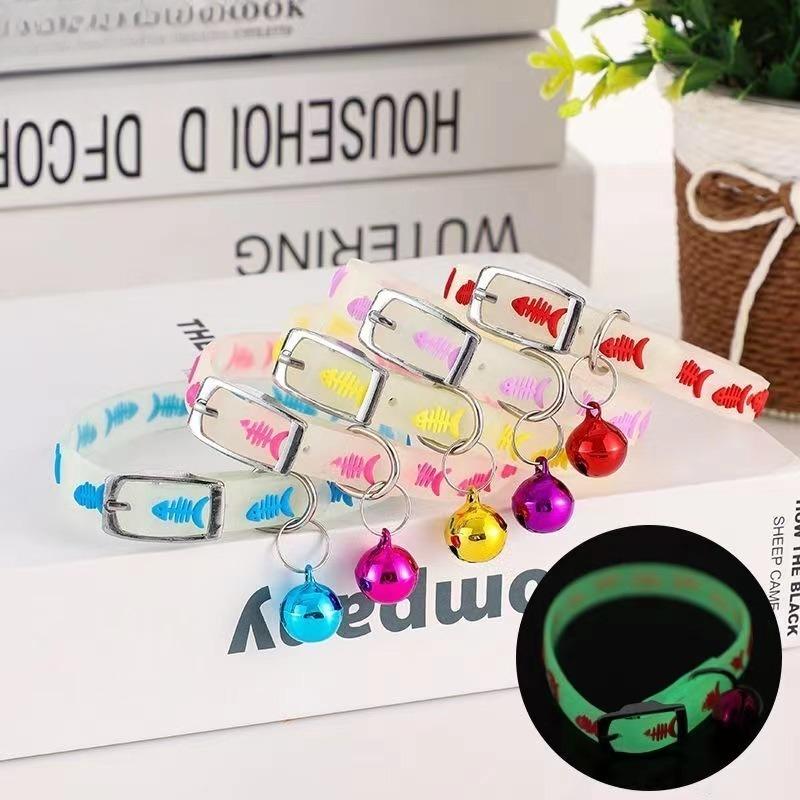 Glow In The Dark Fish Bone Silicone Cat Collar With Bell Adjustable Soft Night Safety Collar For Kitten Small Cats