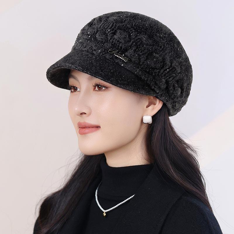 Ladies autumn and winter twist knitted cap sequined warm short brim beret middle-aged and elderly mother versatile wool hat