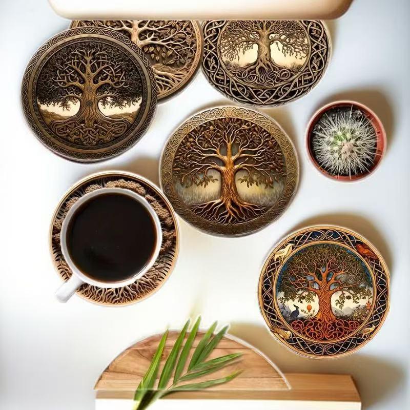 Tree of Life 8-Piece Wooden Heat-Insulating Non-Slip Coaster Set