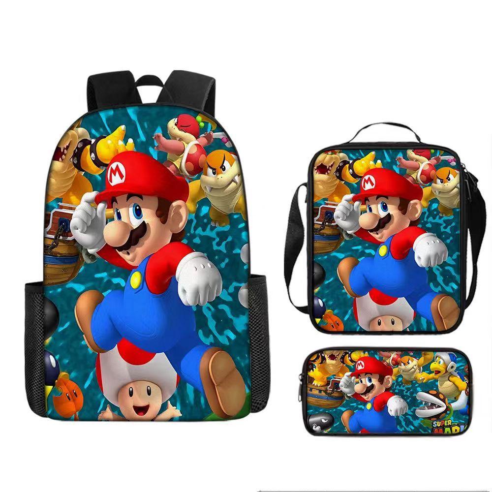 New Super Mario Trend Backpack Retro Mario Schoolbag 3-Piece Set with Pencil Case
