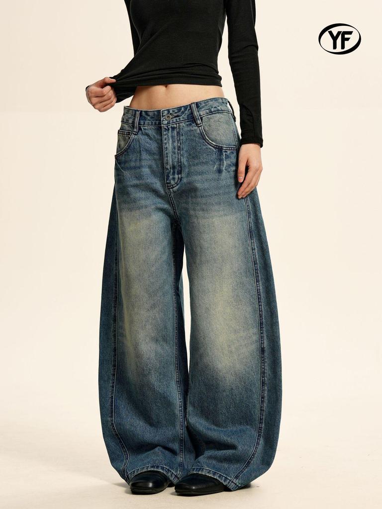 Yongfang Unisex Retro Wide-Leg Curved Jeans - Washed & Distressed Finish, Banana Pants Style.