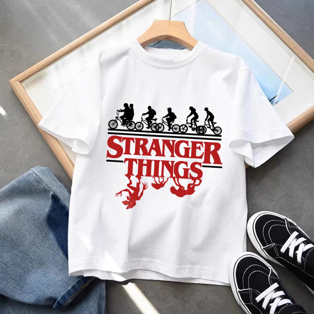 Boys and Girls Demogorgon Hawkins Top Stranger Things Childrens Cartoon Print Pure Cotton Tshirt 2026 Summer Round Neck