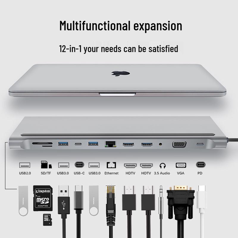 12-in-1 Dual HDMI Docking Station with Gigabit Laptop Stand and Multifunctional Base
