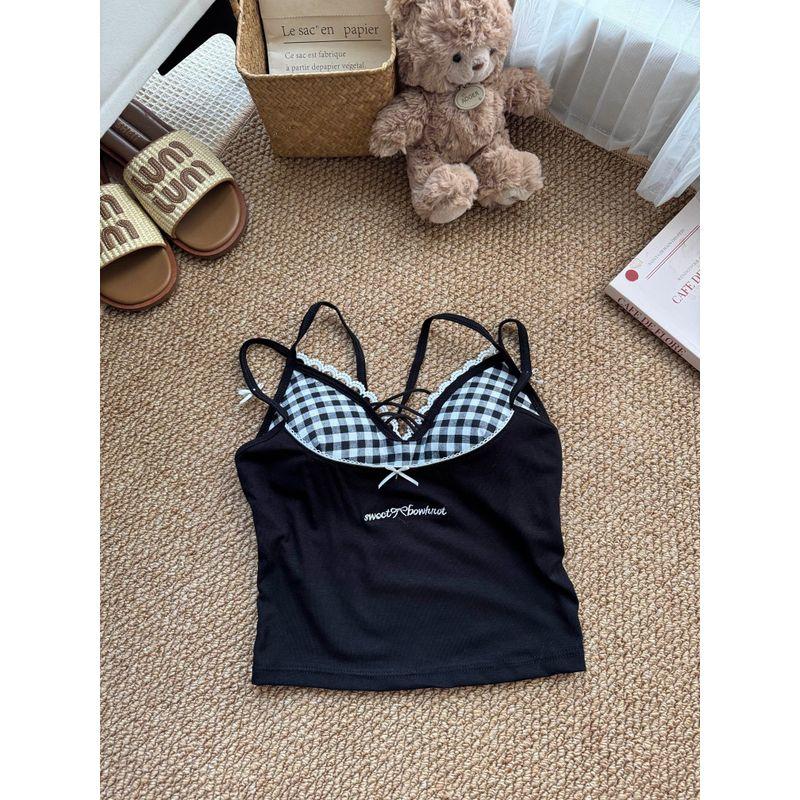 Kumikumi Pure Desire Style Design Sense Fake Two Pieces All-Match Cami Women Summer Letters Print Sexy Top