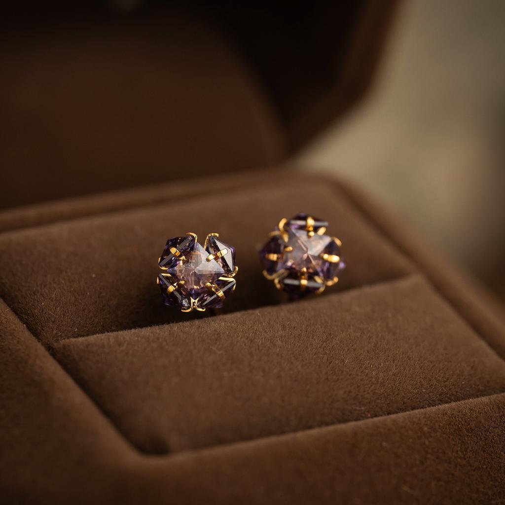 Simple Purple Zircon Earrings Minimalist Commuter Light Luxury Studs Delicate Versatile Sweet Jewelry
