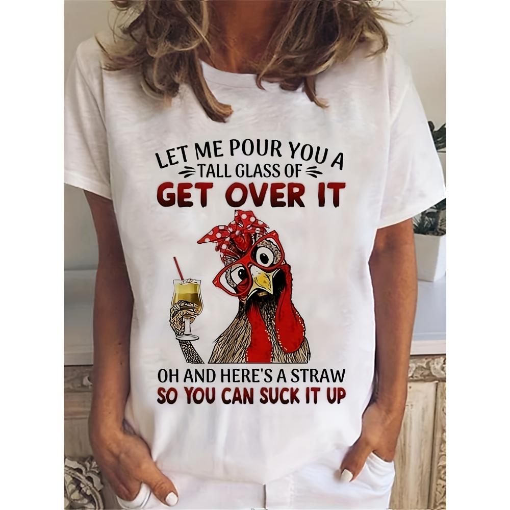 Cartoon Chicken Print T-Shirt Casual Short Sleeve Top For Spring & Summer Women s Clothing M