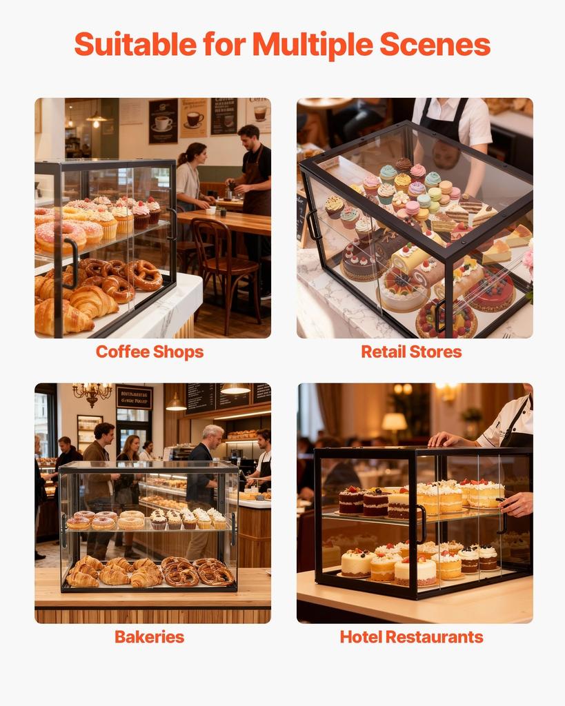 Bakery Display Case, 2-Tier Commercial Countertop Pastry Display Case, Clear Acrylic Bread Box for Kitchen, Party Cake Cabinet with Sliding Door for