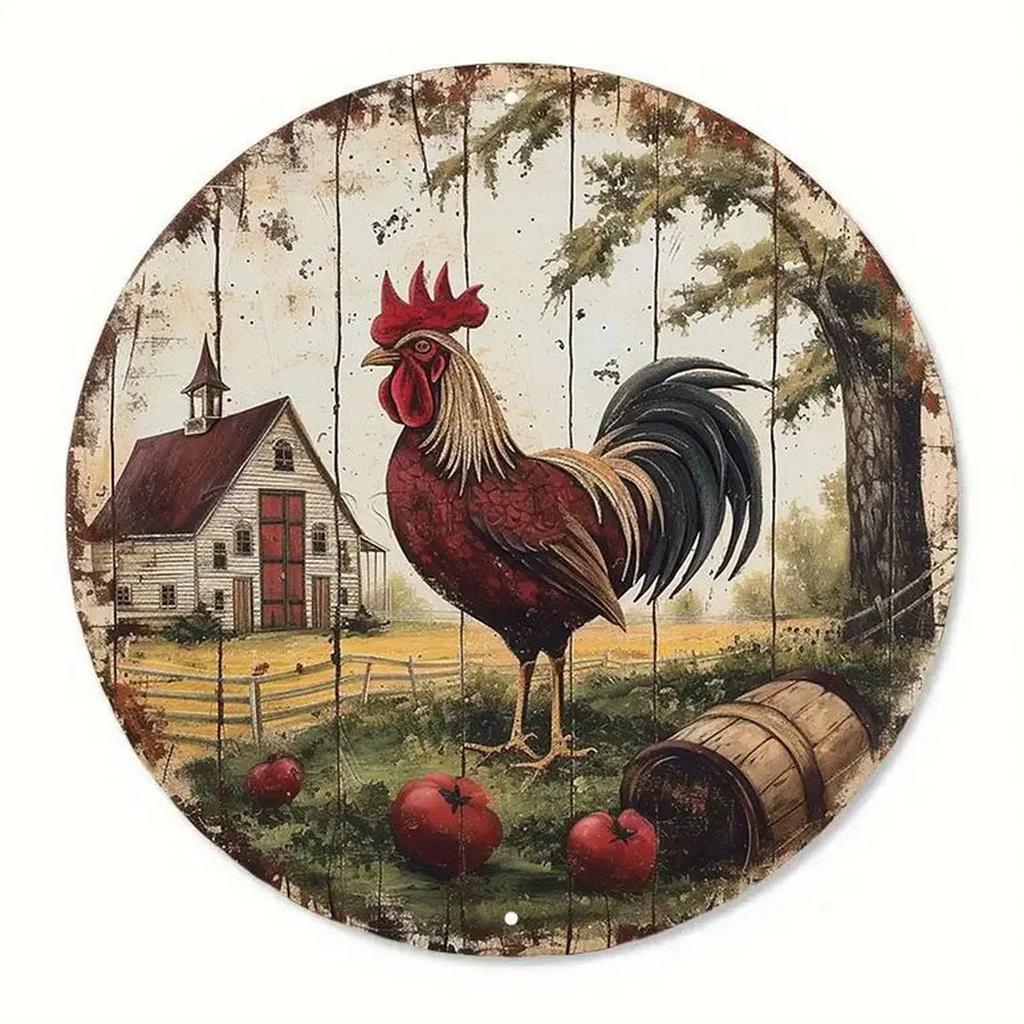 High Definition Metal Tin Sign Set Colorful Rooster Themed Round Wall Art Decor for Farmhouse Kitchen and Country Style Home Dec