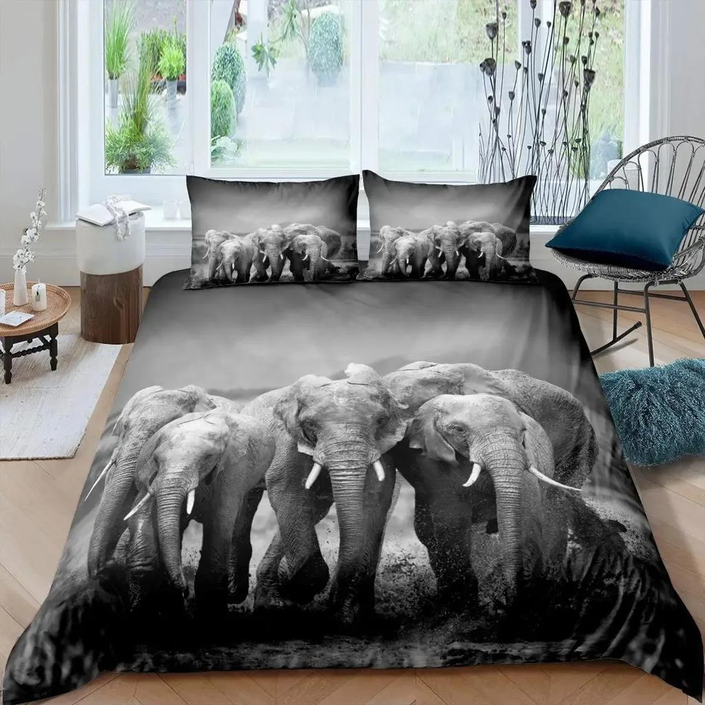 3D Elephant Duvet Cover Set Queen Size African Safari Animal Comforter Set Wildlife Bedding Set Retro Wall Decor Bedspread Cover