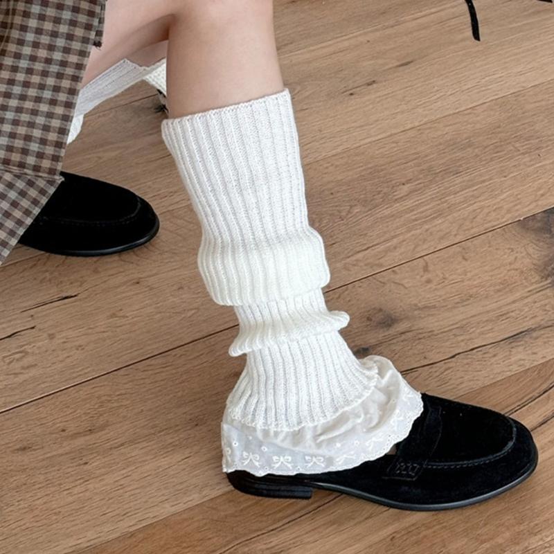 Ribbed Knitted Vertical Striped Leg Warmers Boot Cuffs Cute Ruffled Lace Hem Leg Covers Over Calf Long Socks for Women