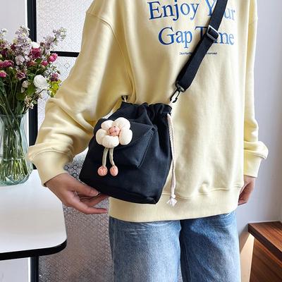 Casual Versatile Shoulder Bag Women's Bag Small Fresh Drawstring Bundle Bucket Bag Cute Flower Canvas Messenger Bag