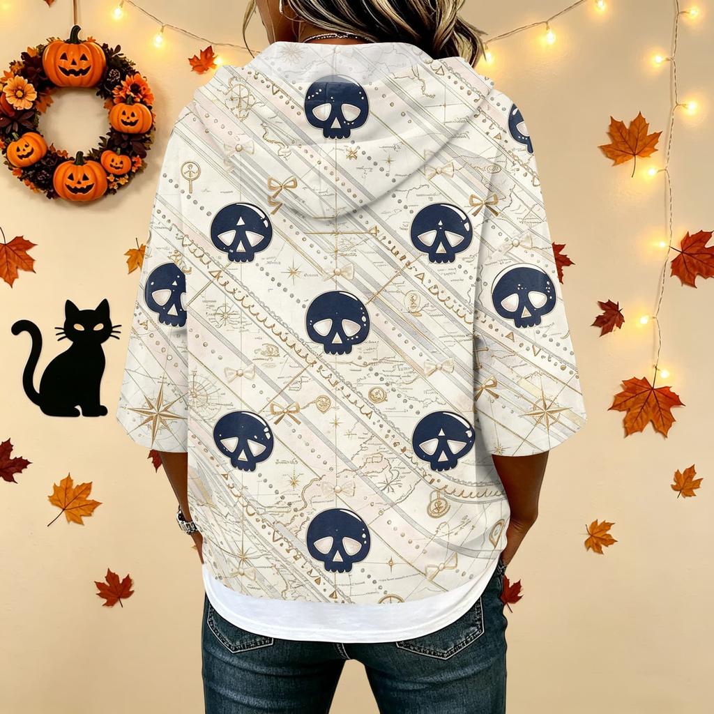 Women's Halloween Print Casual Loose Fit Hooded Top with and Three-Quarter Sleeves