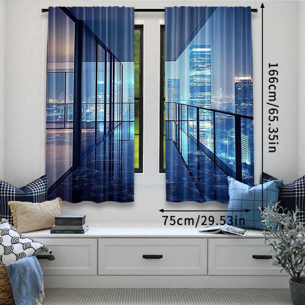 2Pcs Aerial View City Landscape Curtain New York City Night View Backdrop Skyscraper For Living Room Bedroom