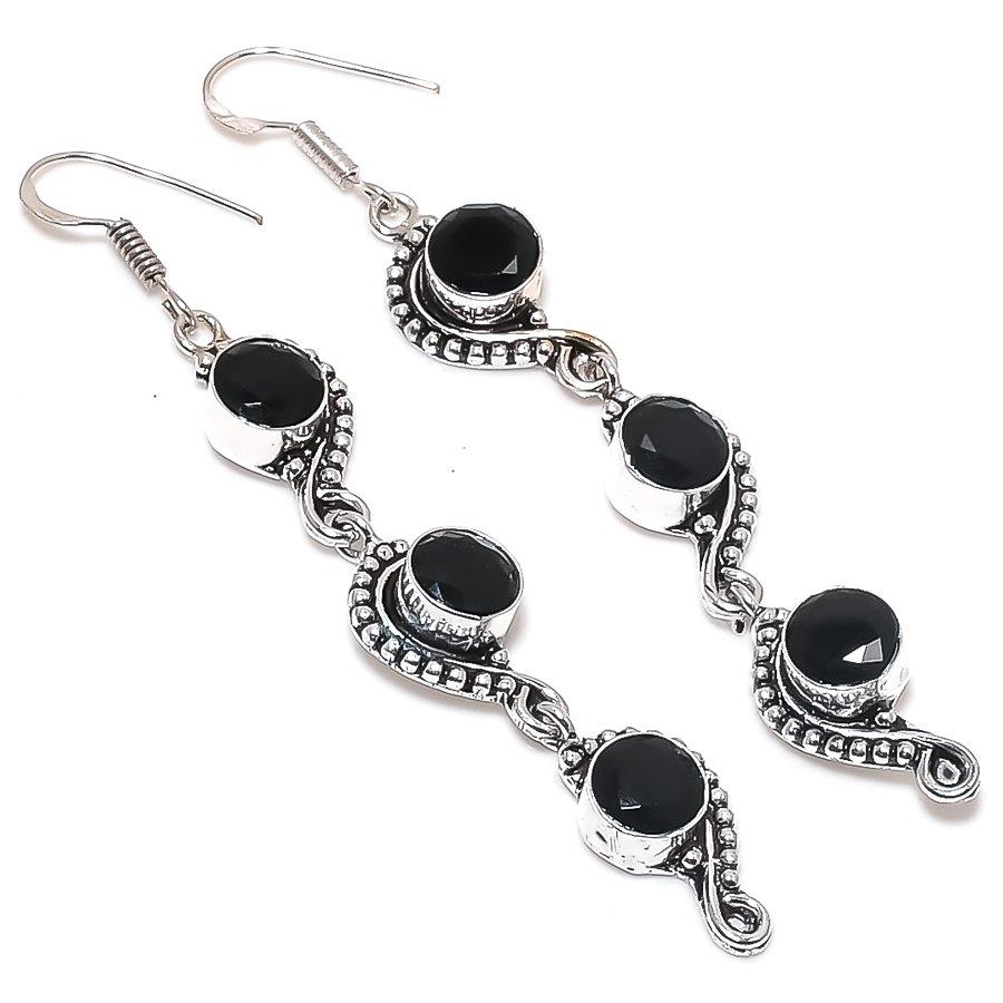 Natural Black Spinel Gemstone 925 Sterling Silver Jewelry Earring 3.27" F6Q47