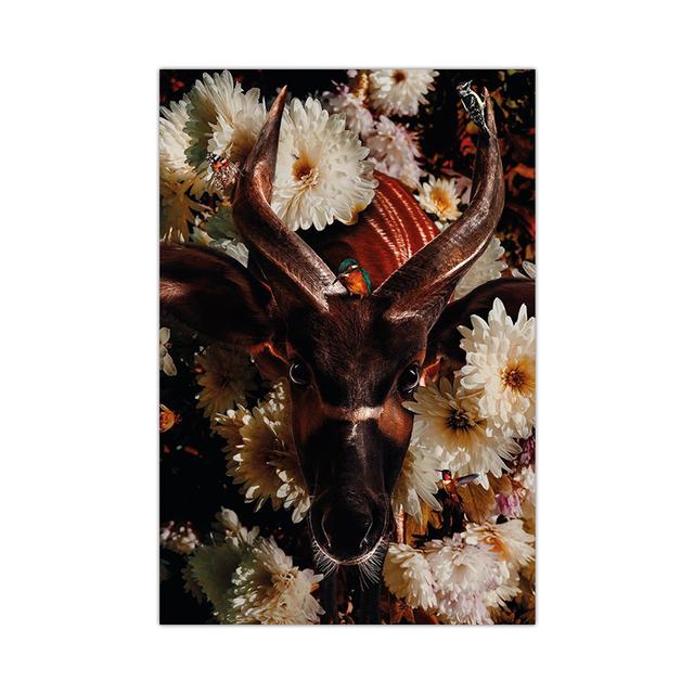Flower with Animal Lion Tiger Deer Leopard Canvas Painting Wall Art Picture Nordic Print Poster for Living Room Home Decor No Frame