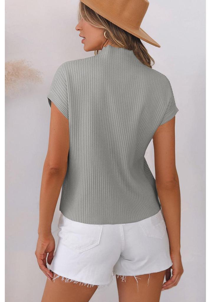 2025 Women's High Neck Short Sleeve Ribbed Knit Pullover – European & American Fashion