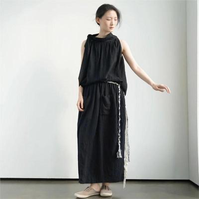Women Vintage Skirts Patchwork Pockets Summer Solid Color Elastic Waist Female Skirts