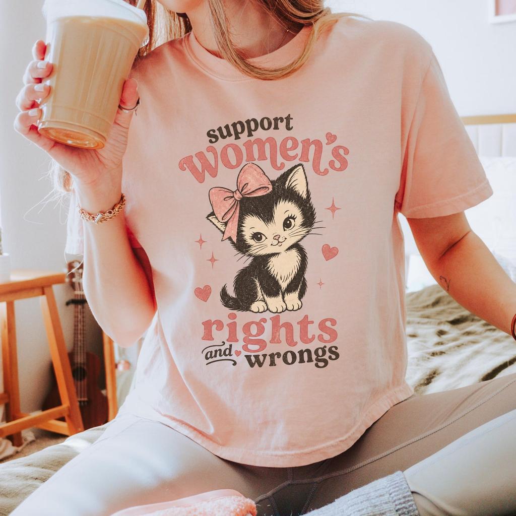 Support Womens Rights and Wrongs Boxy Tee | Funny Feminist Cat Shirt