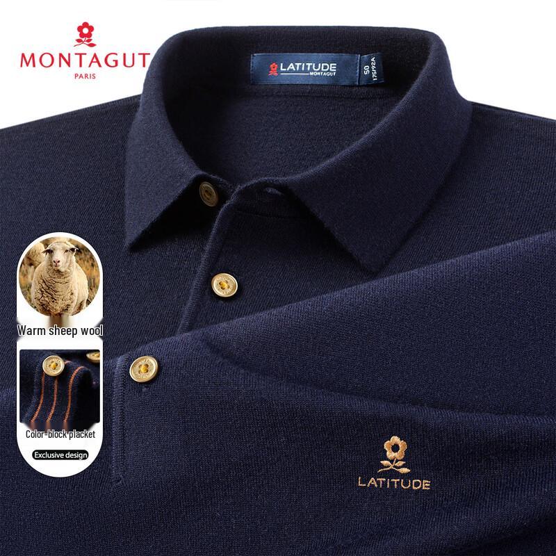 MONTAGUT Men's 32% Merino Wool Turn-down Collar Long Sleeve Sweater