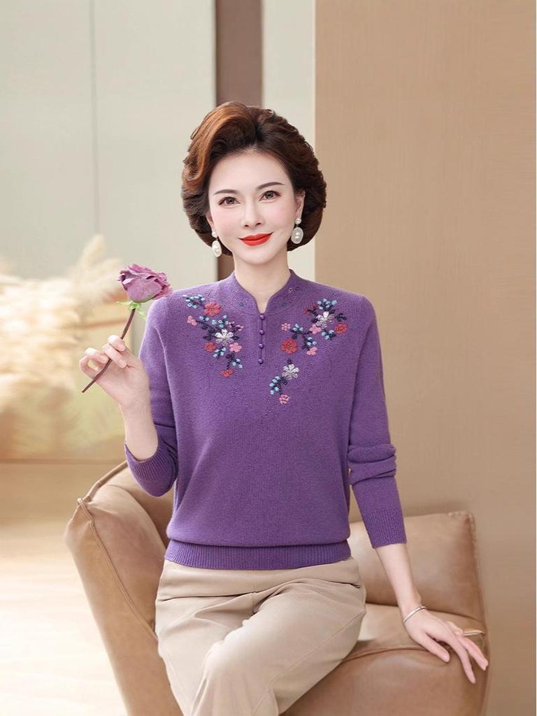 Mamas reiner Woll-Strickpullover mit Stickerei - Übergröße, lockere Passform für Frauen mittleren und höheren Alters (Herbst Winter)