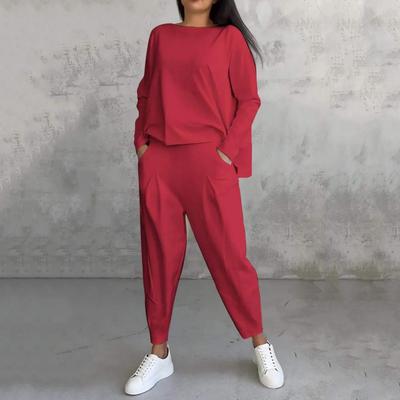 Spring Summer Autumn Suit Elegant Women's Top Pants Set with Long Sleeves O Neck T-shirt Elastic Waist for Fall for Office