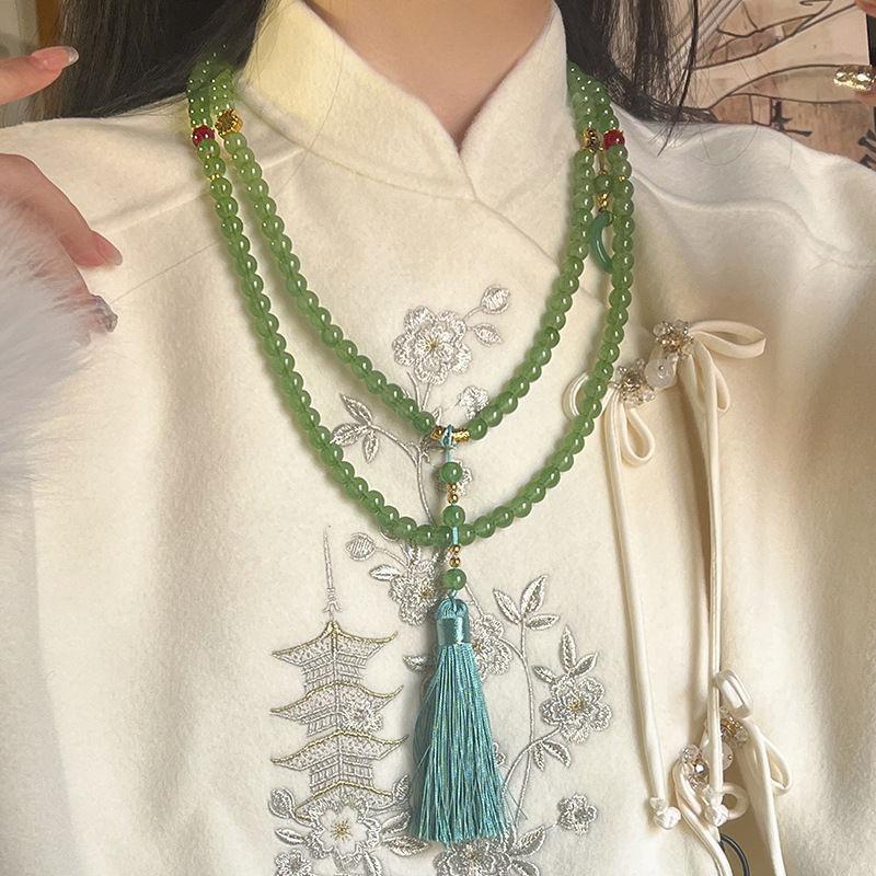 New Chinese Long Green Beaded Necklace Women'S National Style Messenger Chain Retro Temperament A Multi-Wear Sweater Chain Accessories