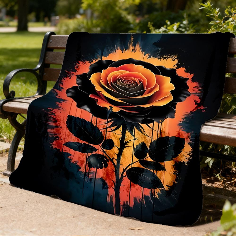 1pc Black Rose Art Print Outdoor Flannel Blanket Soft All Season Polyester Throw , Perfect for Picnics & Travel , Picnic Accessory