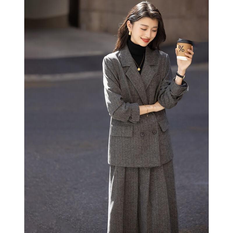 Demana Women's Winter Lamb Wool Plaid Blazer & Pleated Skirt Set
