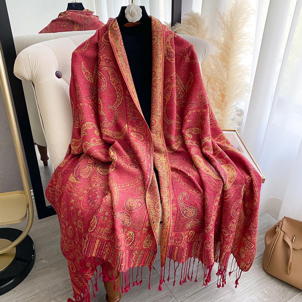 Fashion Women'S Faux Cashmere Winter Shawl Vintage Print Tassels Thick Warm Pashmina Two-Sided Outdoor Scarf Wraps Foulard